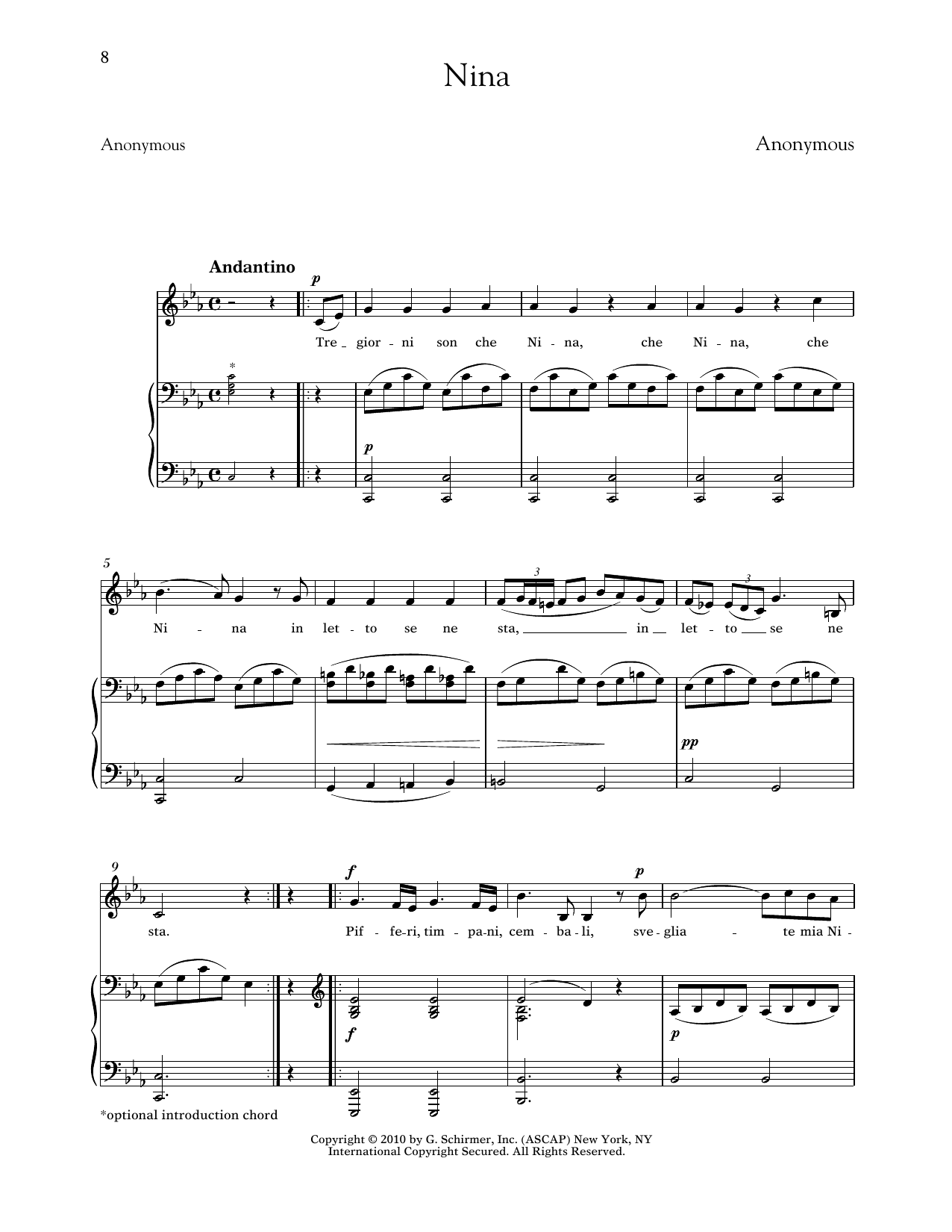 Anonymous Nina (Low Voice) Sheet Music Notes & Chords for Piano & Vocal - Download or Print PDF