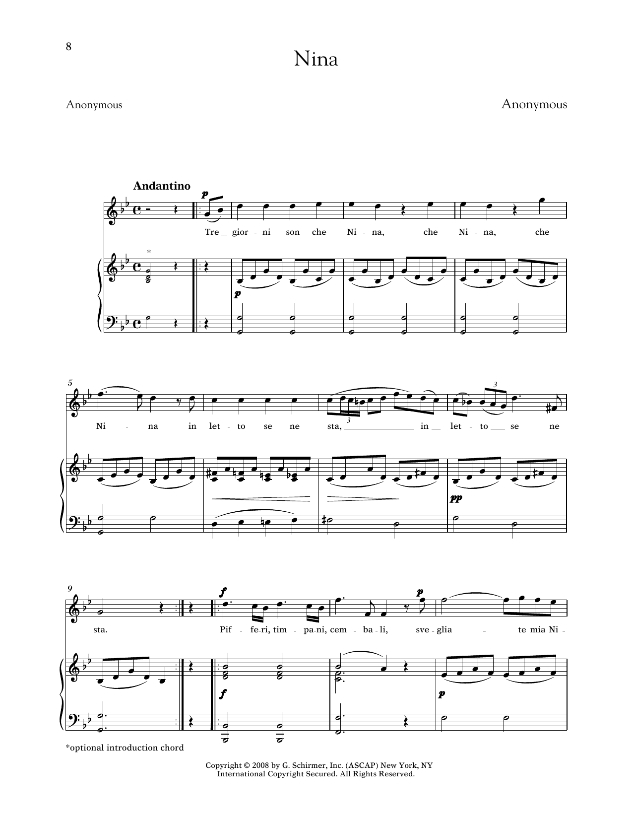 Anonymous Nina (Medium High Voice) Sheet Music Notes & Chords for Piano & Vocal - Download or Print PDF