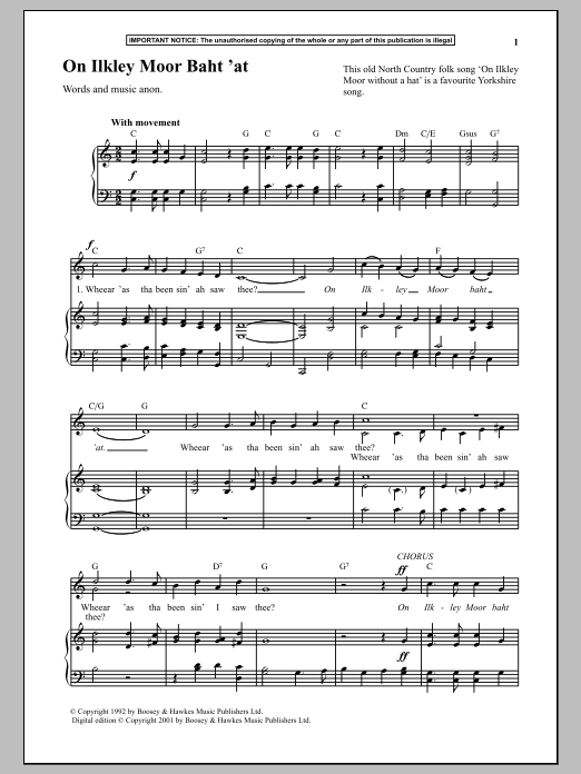 Anonymous On Ilkley Moor Baht At Sheet Music Notes & Chords for Piano - Download or Print PDF