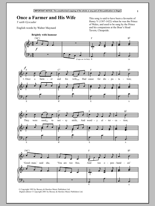Anonymous Once A Farmer And His Wife Sheet Music Notes & Chords for Piano - Download or Print PDF