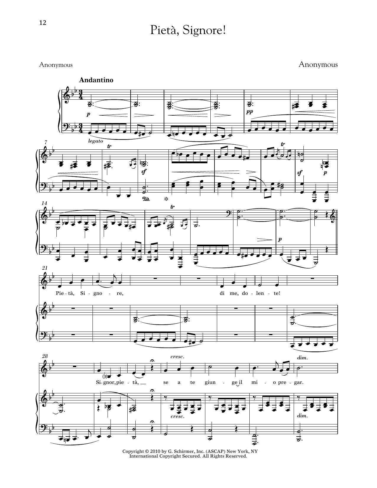 Anonymous Pieta, Signore! (Low Voice) Sheet Music Notes & Chords for Piano & Vocal - Download or Print PDF