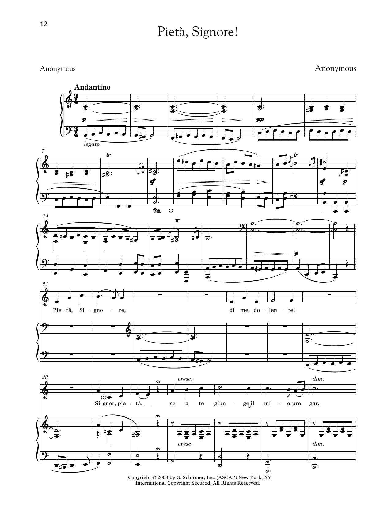 Anonymous Pieta, Signore! (Medium Low Voice) Sheet Music Notes & Chords for Piano & Vocal - Download or Print PDF