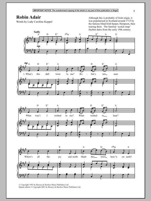 Anonymous Robin Adair Sheet Music Notes & Chords for Piano - Download or Print PDF