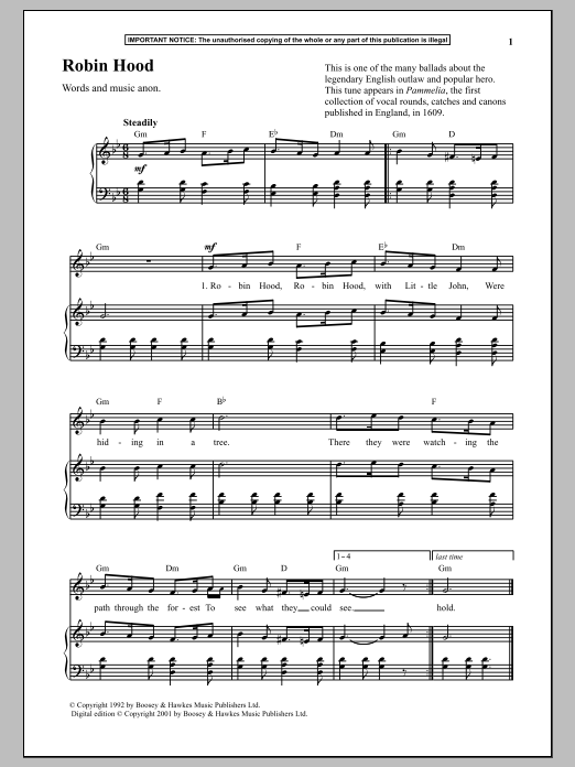 Anonymous Robin Hood Sheet Music Notes & Chords for Piano - Download or Print PDF