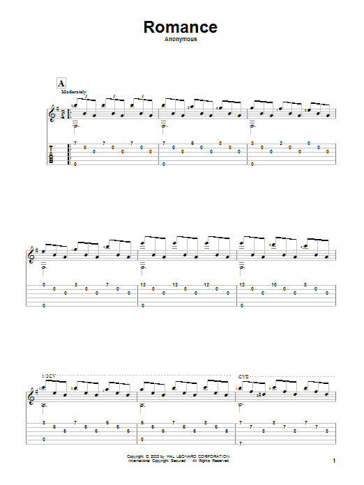 Anonymous Romance Sheet Music Notes & Chords for Guitar Tab - Download or Print PDF