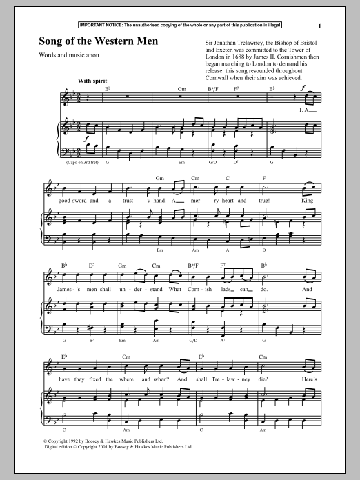 Anonymous Song Of The Western Men Sheet Music Notes & Chords for Piano - Download or Print PDF