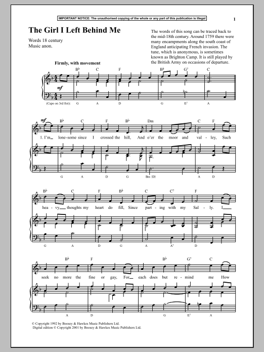 Anonymous The Girl I Left Behind Me Sheet Music Notes & Chords for Piano - Download or Print PDF