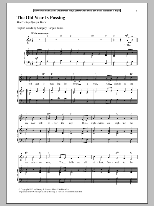 Anonymous The Old Year Is Passing Sheet Music Notes & Chords for Piano - Download or Print PDF
