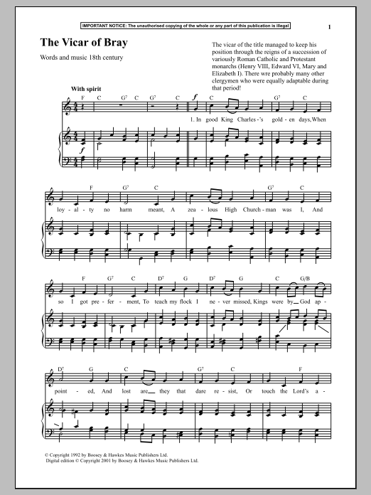 Anonymous The Vicar Of Bray Sheet Music Notes & Chords for Piano - Download or Print PDF