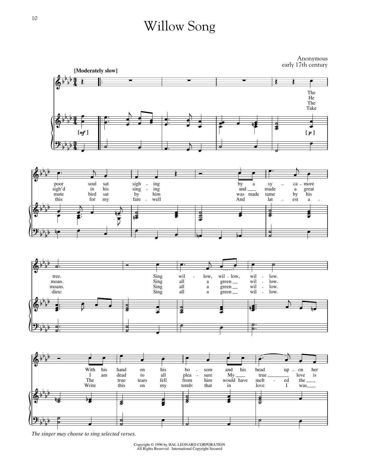 Anonymous The Willow Song (High Voice) Sheet Music Notes & Chords for Piano & Vocal - Download or Print PDF