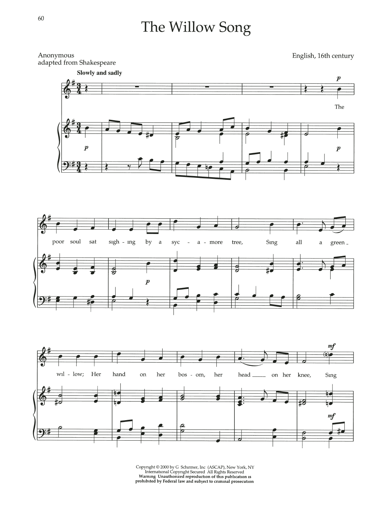 Anonymous The Willow Song Sheet Music Notes & Chords for Piano & Vocal - Download or Print PDF