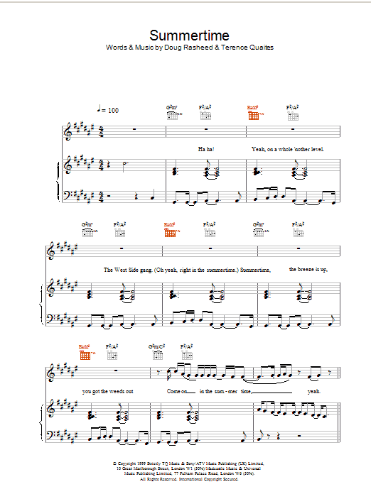 Another Level Summertime sheet music notes and chords. Download Printable PDF.