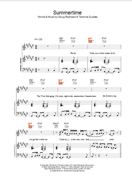 Preview Another Level Summertime Pop sheet music, notes and chords for Piano, Vocal & Guitar, SKU: 13859 Summertime sheet music