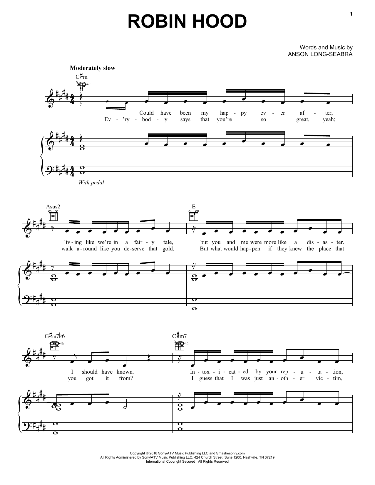 Anson Seabra Robin Hood Sheet Music Notes & Chords for Piano, Vocal & Guitar (Right-Hand Melody) - Download or Print PDF