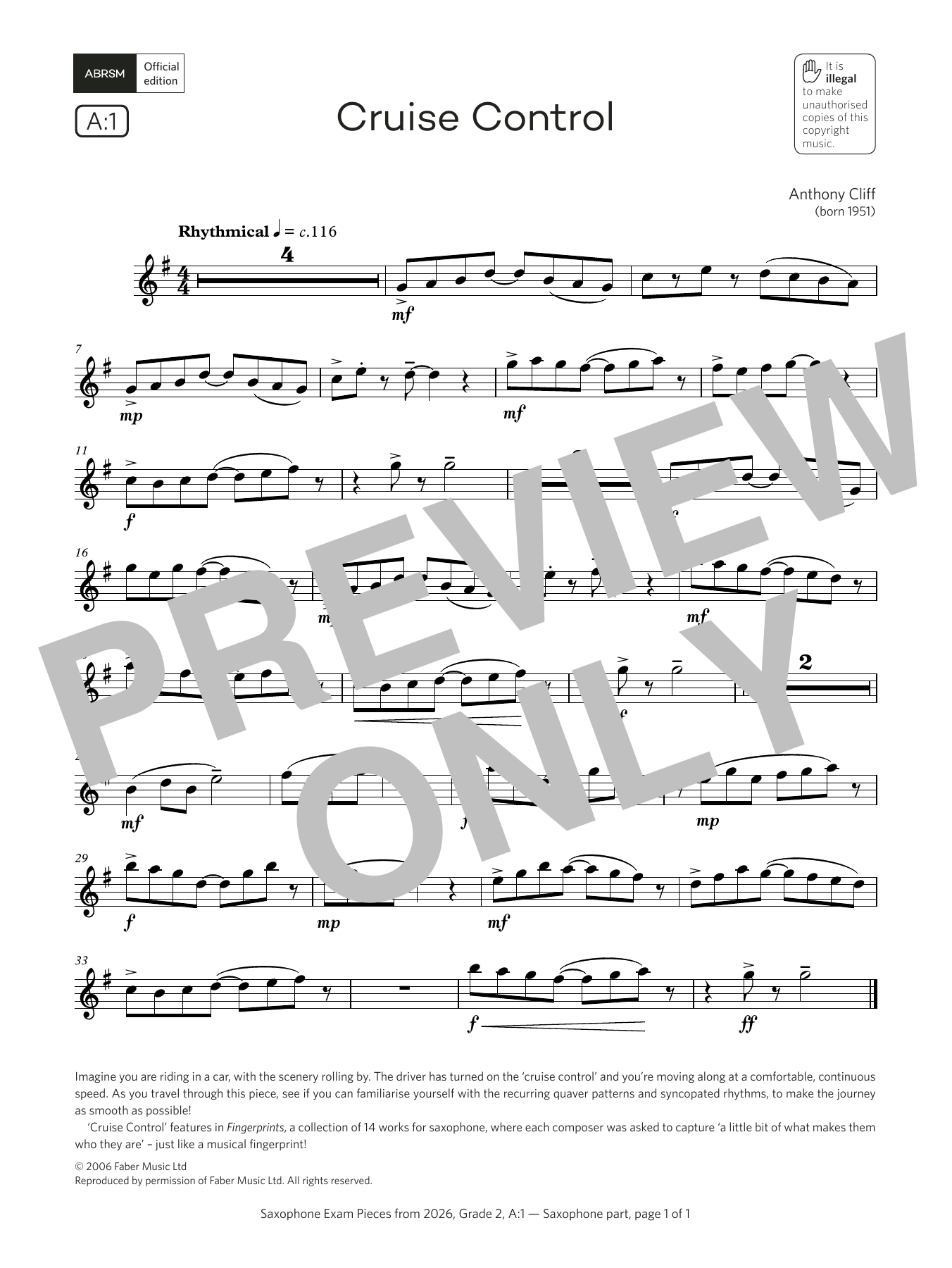 Anthony Cliff Cruise Control (Grade 2, list A1, from the ABRSM Saxophone Syllabus from 2026) Sheet Music Notes & Chords for Alto Sax Solo - Download or Print PDF Anthony Cliff Cruise Control (Grade 2, list A1, from the ABRSM Saxophone Syllabus from 2026) Sheet Music Notes & Chords for Alto Sax Solo - Download or Print PDF
