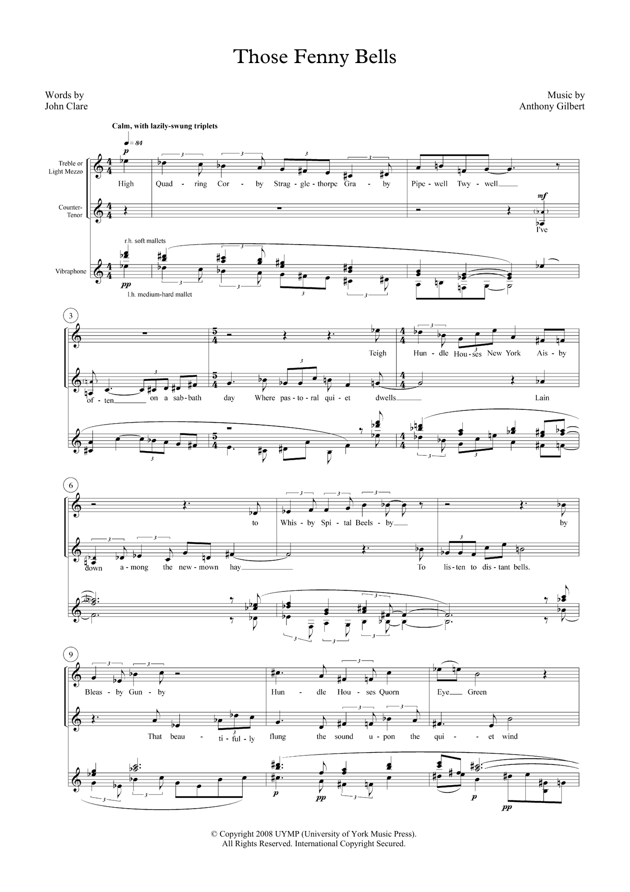Anthony Gilbert Those Fenny Bells (for mezzo-soprano, counter-tenor and vibraphone) Sheet Music Notes & Chords for Piano & Vocal - Download or Print PDF