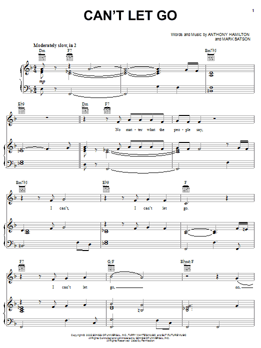 Anthony Hamilton Can't Let Go Sheet Music Notes & Chords for Piano, Vocal & Guitar (Right-Hand Melody) - Download or Print PDF