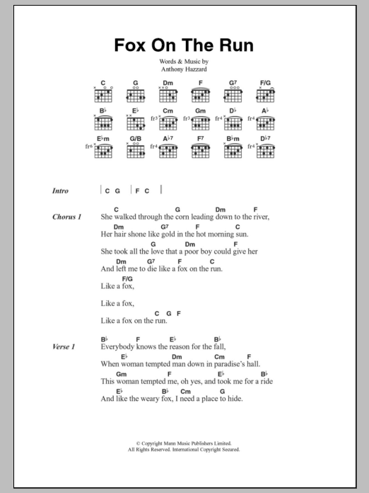 Manfred Mann Fox On The Run Sheet Music Notes & Chords for Lyrics & Chords - Download or Print PDF