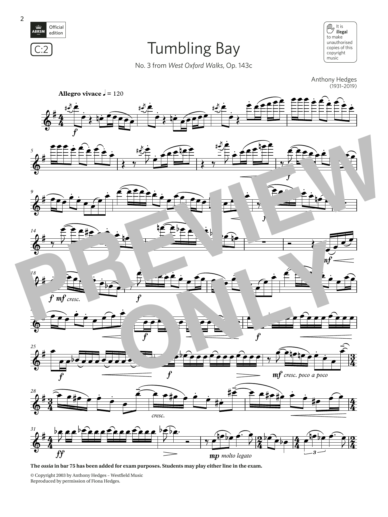 Anthony Hedges Tumbling Bay (from West Oxford Walks) (Grade 7 List C2 from the ABRSM Flute syllabus from 2022) Sheet Music Notes & Chords for Flute Solo - Download or Print PDF