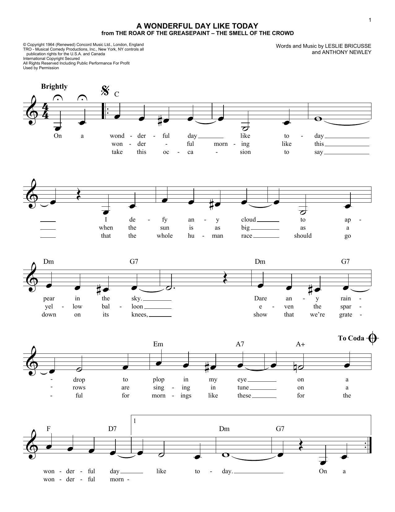 Anthony Newley A Wonderful Day Like Today Sheet Music Notes & Chords for Real Book – Melody & Chords - Download or Print PDF