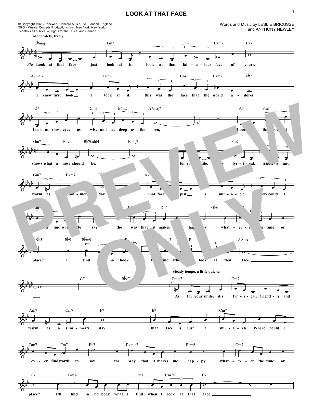 Anthony Newley Look At That Face Sheet Music Notes & Chords for Melody Line, Lyrics & Chords - Download or Print PDF