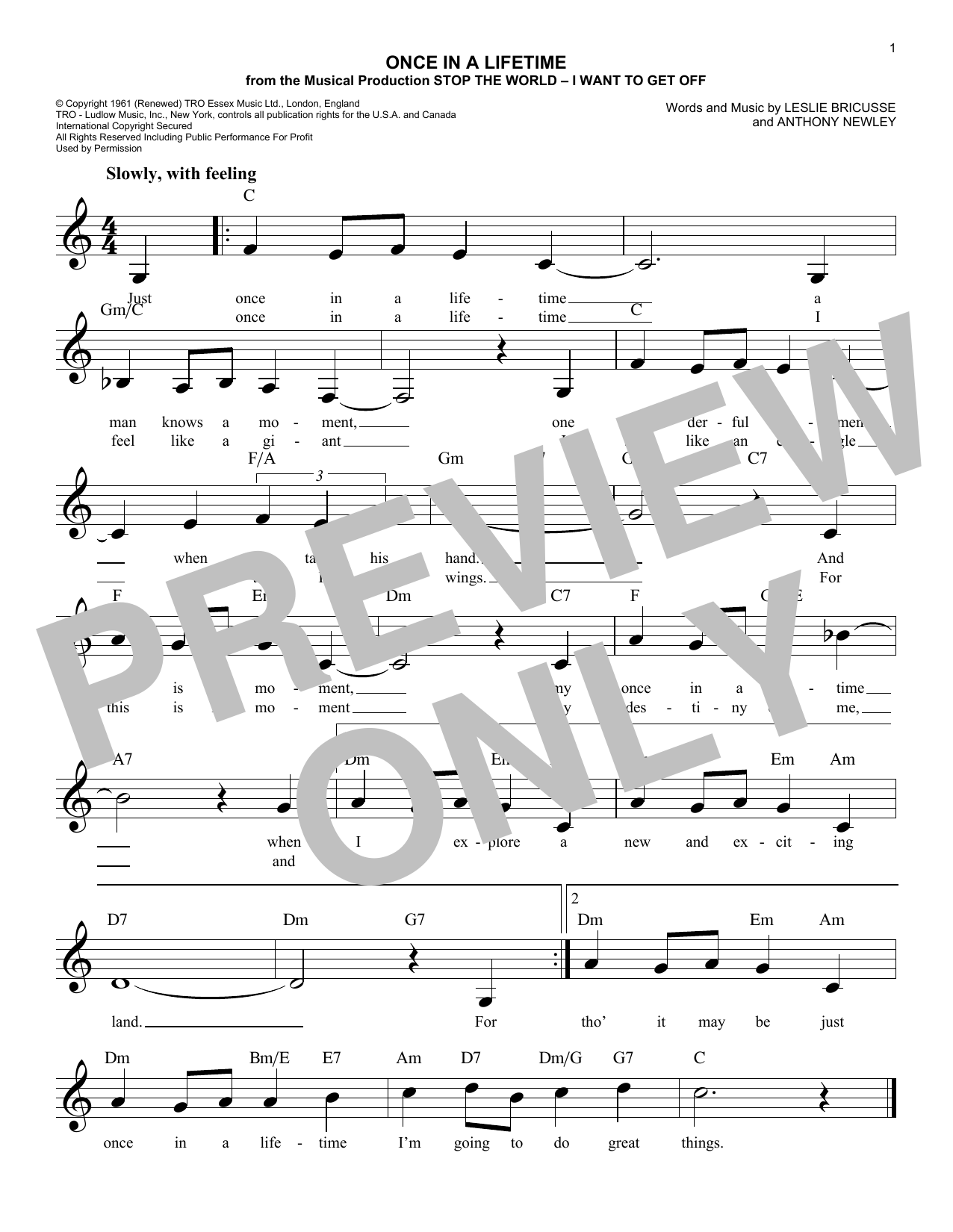 Anthony Newley Once In A Lifetime Sheet Music Notes & Chords for Cello - Download or Print PDF