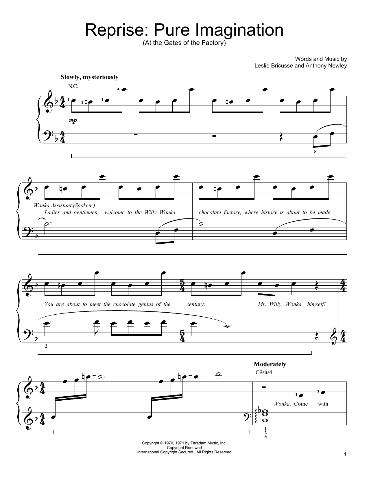 Anthony Newley Reprise: Pure Imagination (At the Gates of the Factory) Sheet Music Notes & Chords for Easy Piano - Download or Print PDF
