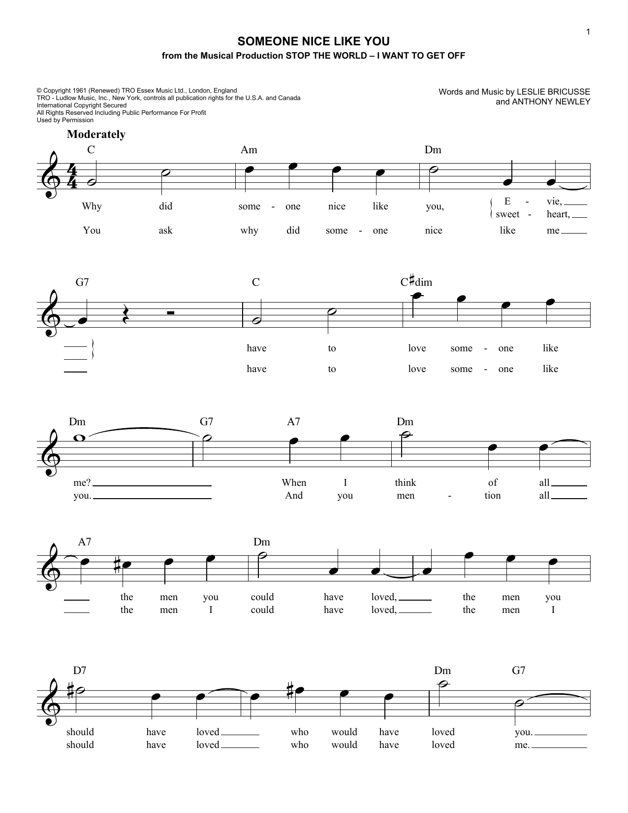 Anthony Newley Someone Nice Like You Sheet Music Notes & Chords for Melody Line, Lyrics & Chords - Download or Print PDF