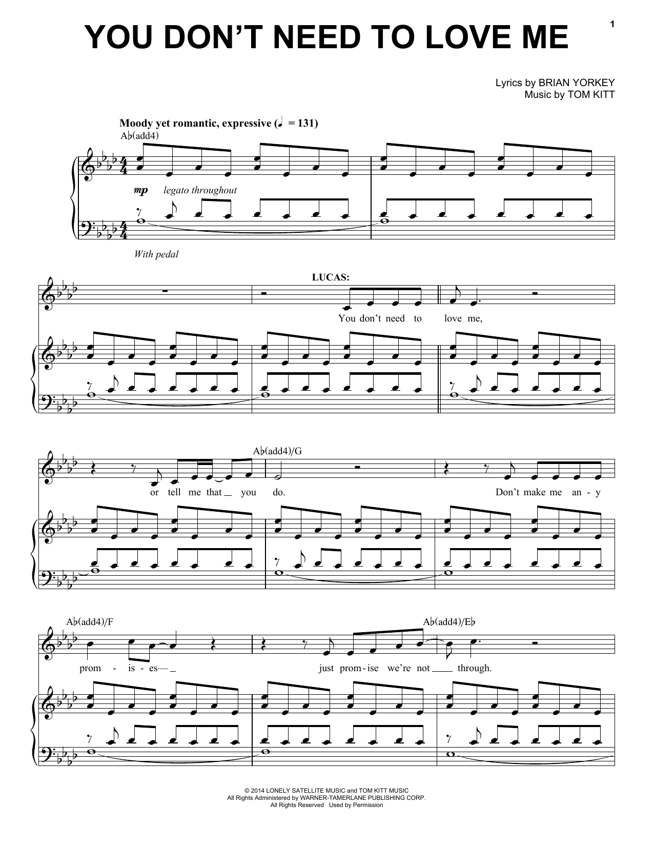 Anthony Rapp You Don't Need To Love Me (from If/Then: A New Musical) Sheet Music Notes & Chords for Piano & Vocal - Download or Print PDF