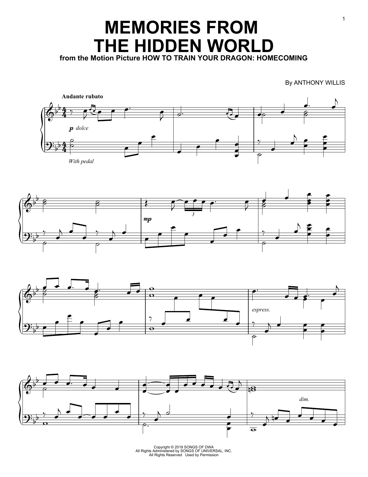 Anthony Willis Memories From The Hidden World (from How To Train Your Dragon: Homecoming) Sheet Music Notes & Chords for Easy Piano - Download or Print PDF