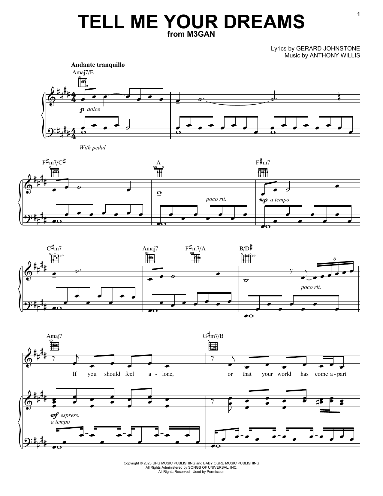 Anthony Willis Tell Me Your Dreams (from M3GAN) Sheet Music Notes & Chords for Piano, Vocal & Guitar Chords (Right-Hand Melody) - Download or Print PDF