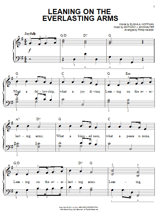 Preview Anthony J. Showalter Leaning On The Everlasting Arms Hymn sheet music, notes and chords for Easy Piano, SKU: 50082 Leaning On The Everlasting Arms sheet music