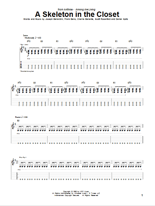 Anthrax A Skeleton In The Closet Sheet Music Notes & Chords for Guitar Tab - Download or Print PDF