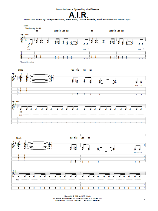 Anthrax A.I.R. Sheet Music Notes & Chords for Guitar Tab - Download or Print PDF