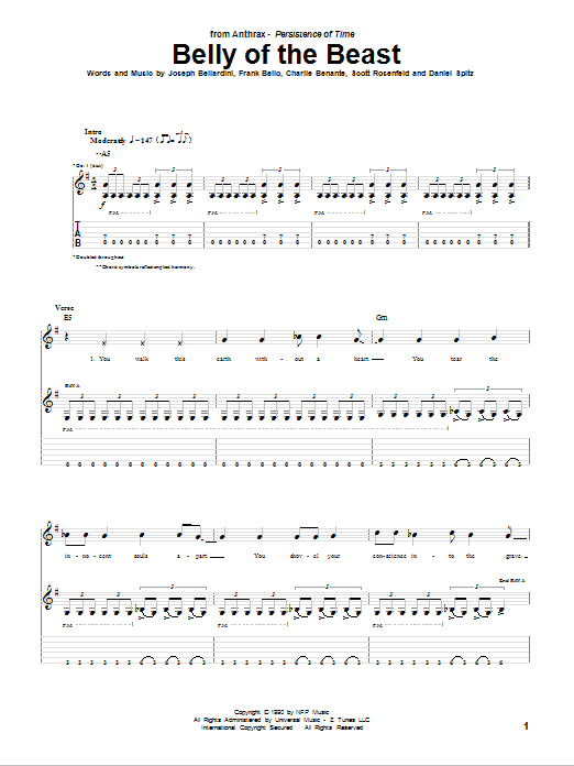 Anthrax Belly Of The Beast Sheet Music Notes & Chords for Guitar Tab - Download or Print PDF