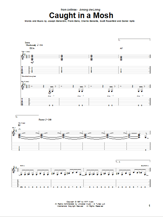 Anthrax Caught In A Mosh Sheet Music Notes & Chords for Guitar Tab - Download or Print PDF