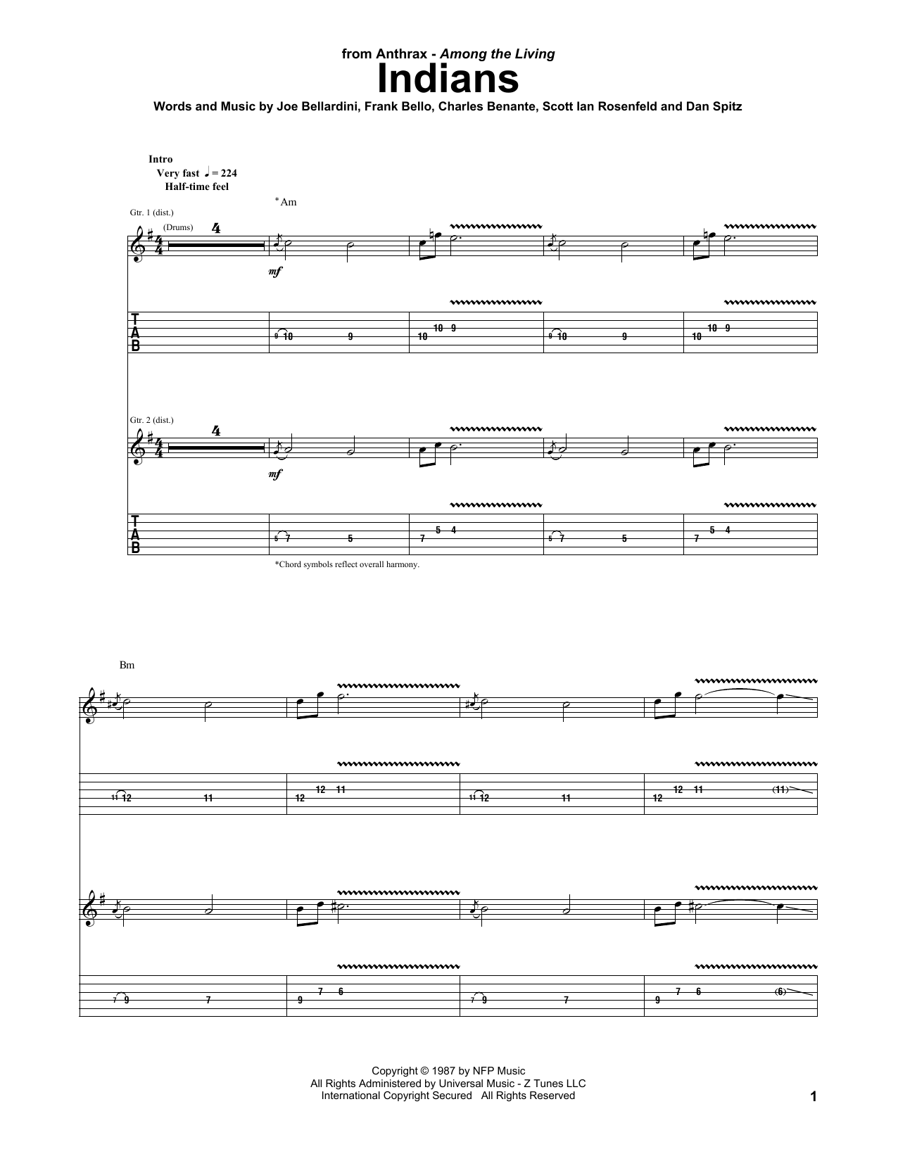 Anthrax Indians Sheet Music Notes & Chords for Guitar Tab - Download or Print PDF