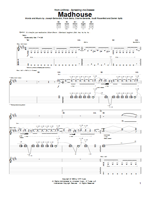 Anthrax Madhouse Sheet Music Notes & Chords for Easy Guitar Tab - Download or Print PDF