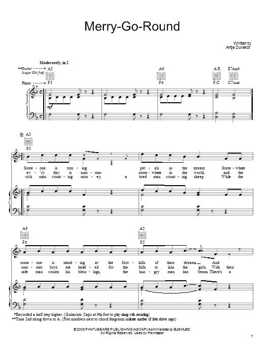 Antje Duvekot Merry-Go-Round Sheet Music Notes & Chords for Piano, Vocal & Guitar (Right-Hand Melody) - Download or Print PDF