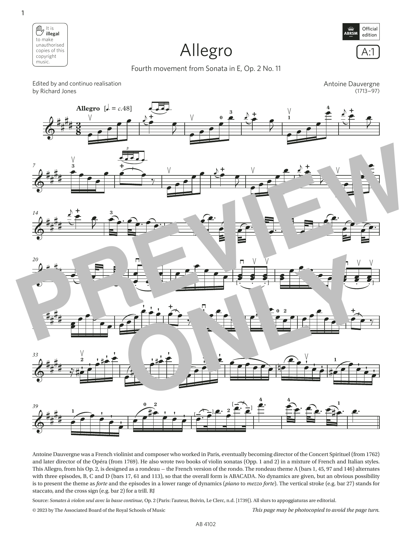 Antoine Dauvergne Allegro (Grade 8, A1, from the ABRSM Violin Syllabus from 2024) Sheet Music Notes & Chords for Violin Solo - Download or Print PDF