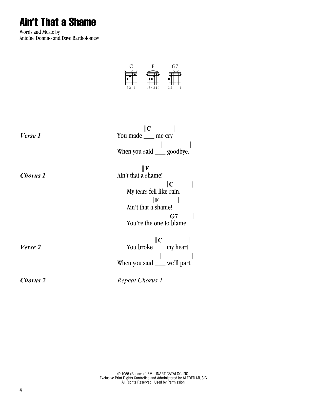 Antoine Domino Ain't That A Shame Sheet Music Notes & Chords for Lyrics & Chords - Download or Print PDF