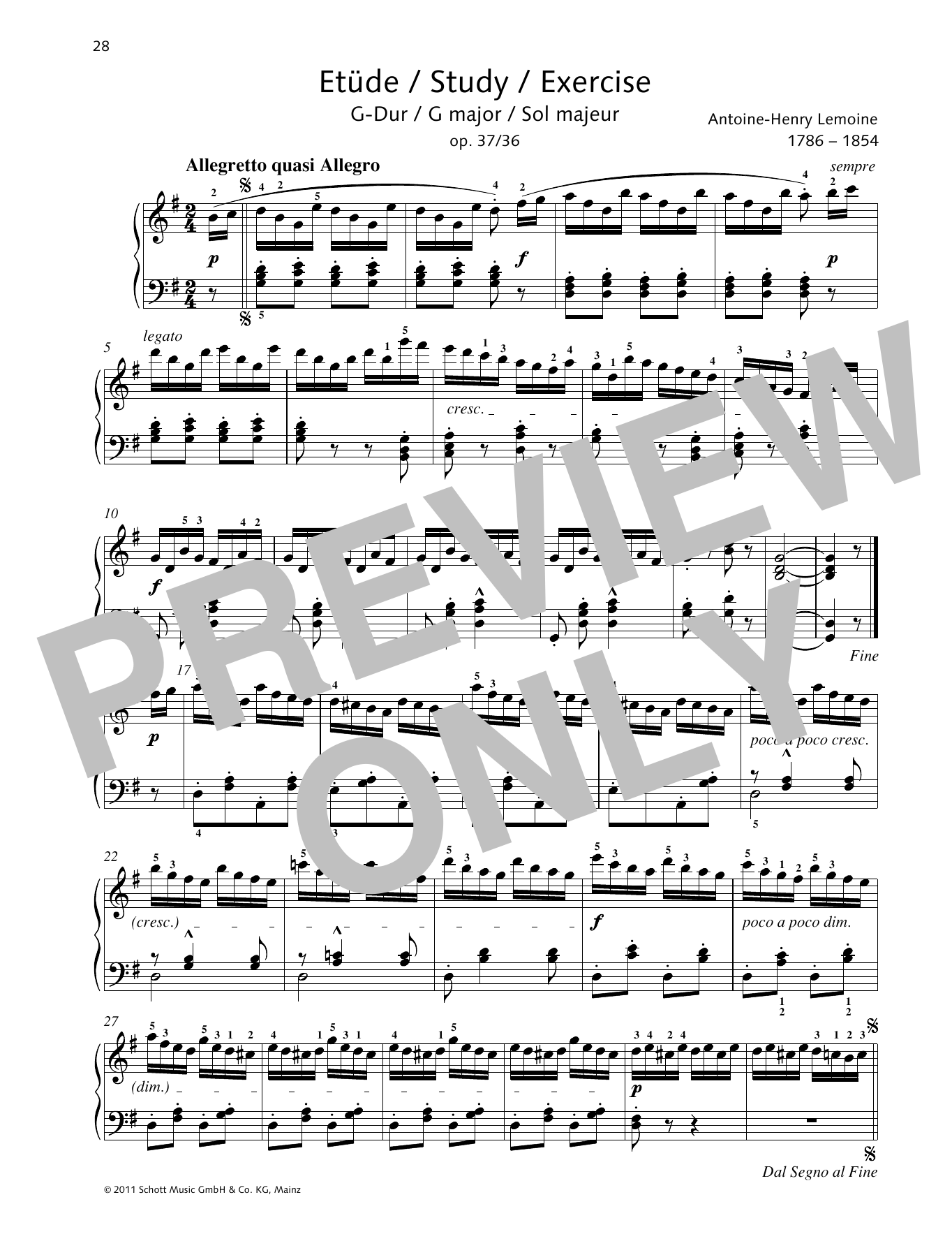 Antoine-Henry Lemoine Study G major Sheet Music Notes & Chords for Piano Solo - Download or Print PDF