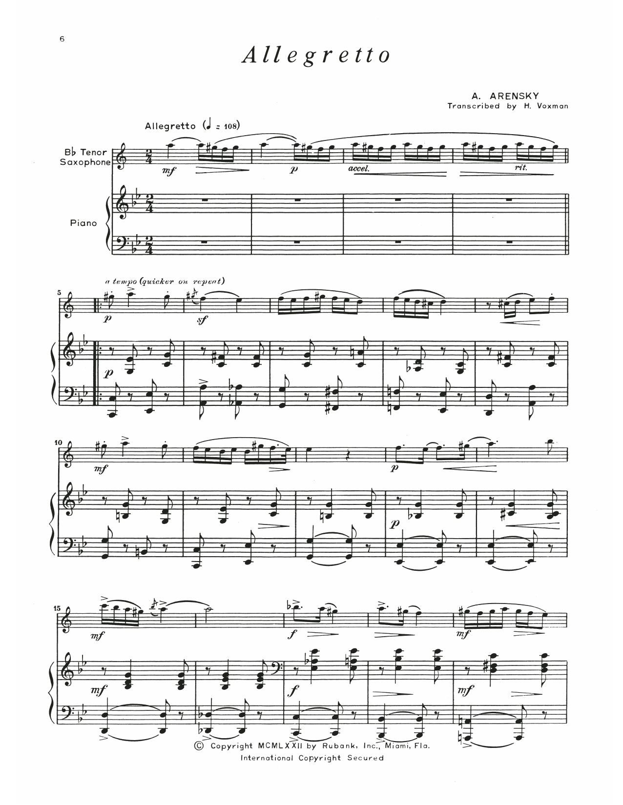 Anton Arensky Allegretto Sheet Music Notes & Chords for Tenor Sax and Piano - Download or Print PDF