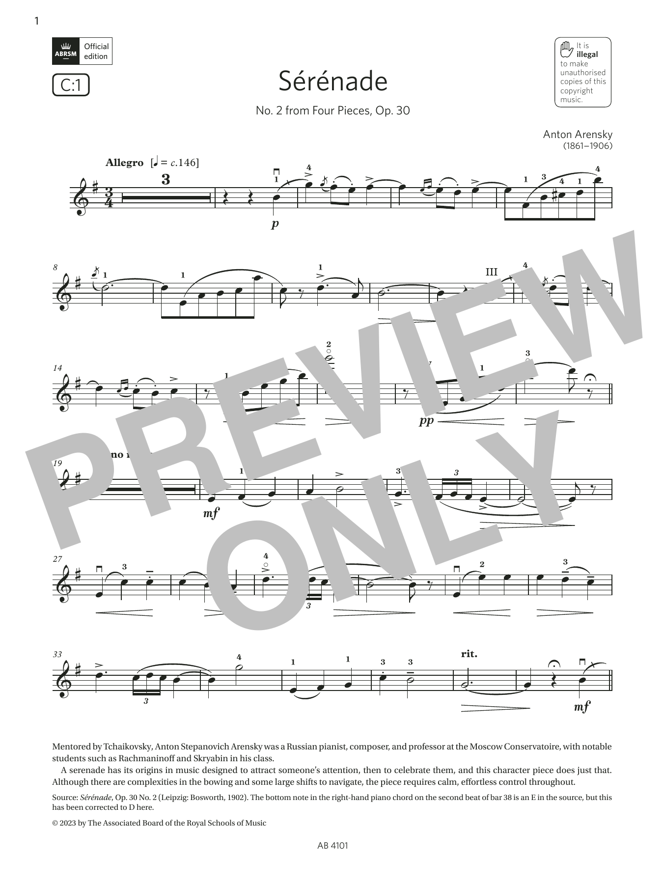 Anton Arensky Sérénade (Grade 7, C1, from the ABRSM Violin Syllabus from 2024) Sheet Music Notes & Chords for Violin Solo - Download or Print PDF