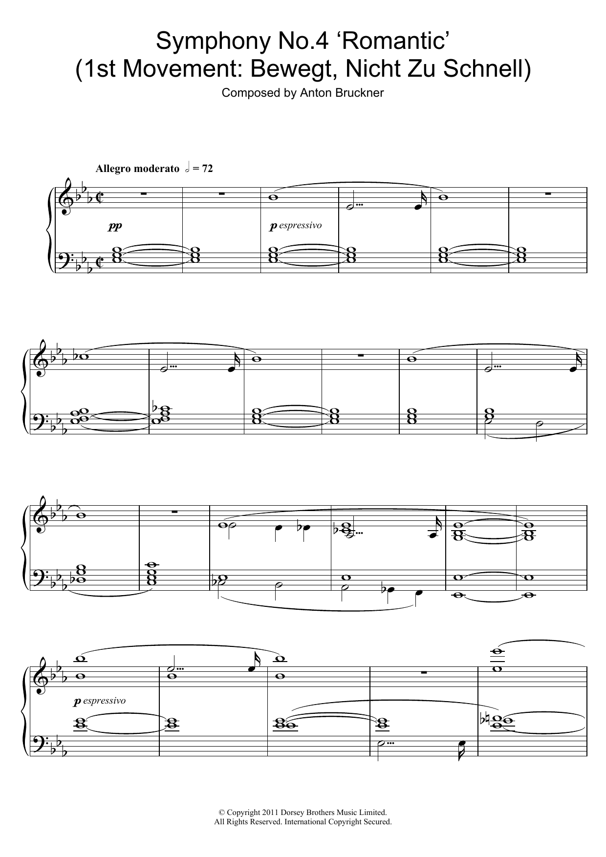 Anton Bruckner Symphony No.4 'Romantic' (1st Movement: Bewegt, Nicht Zu Schnell) Sheet Music Notes & Chords for Piano - Download or Print PDF