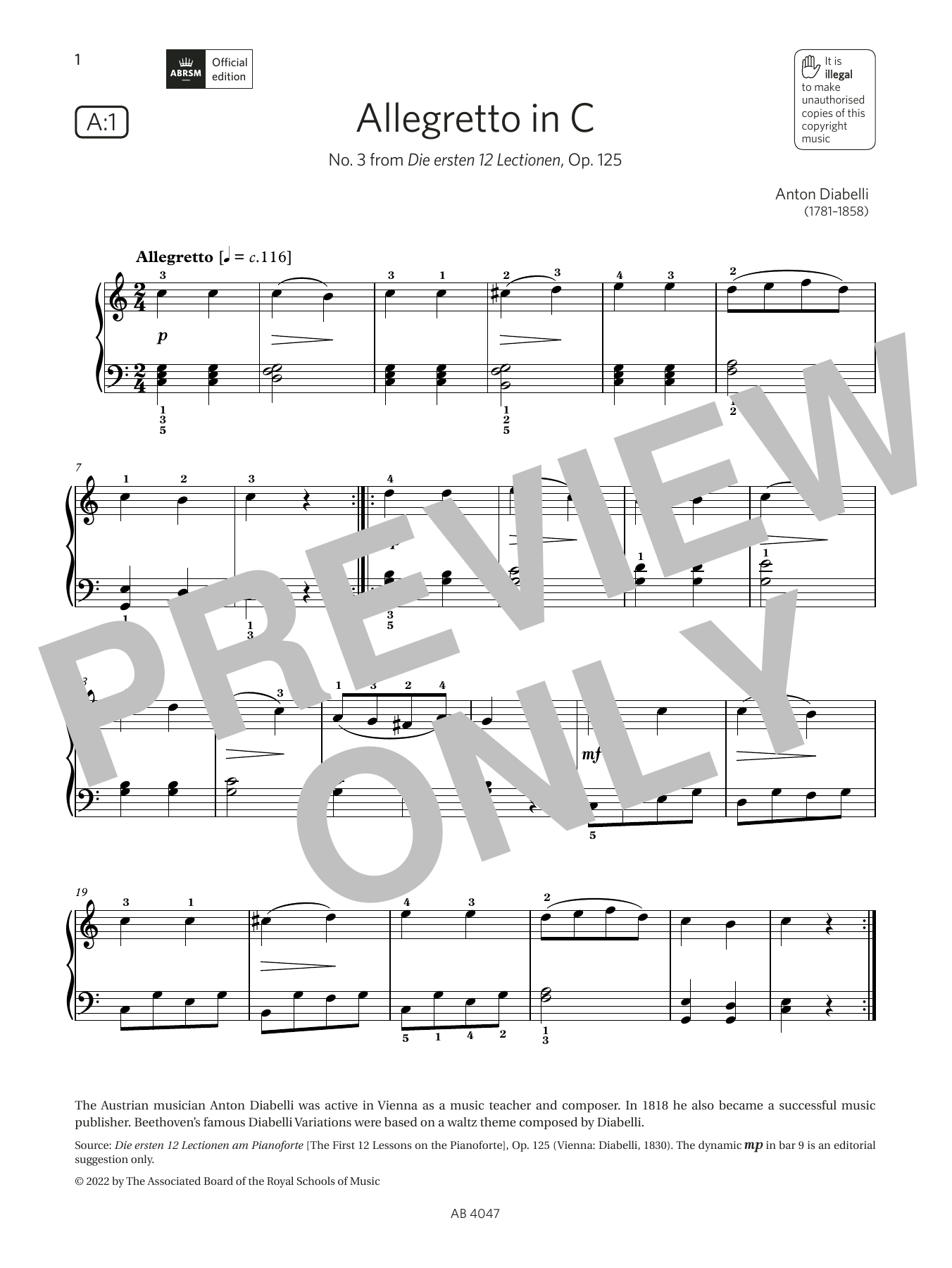 Anton Diabelli Allegretto in C (Grade 1, list A1, from the ABRSM Piano Syllabus 2023 & 2024) Sheet Music Notes & Chords for Piano Solo - Download or Print PDF