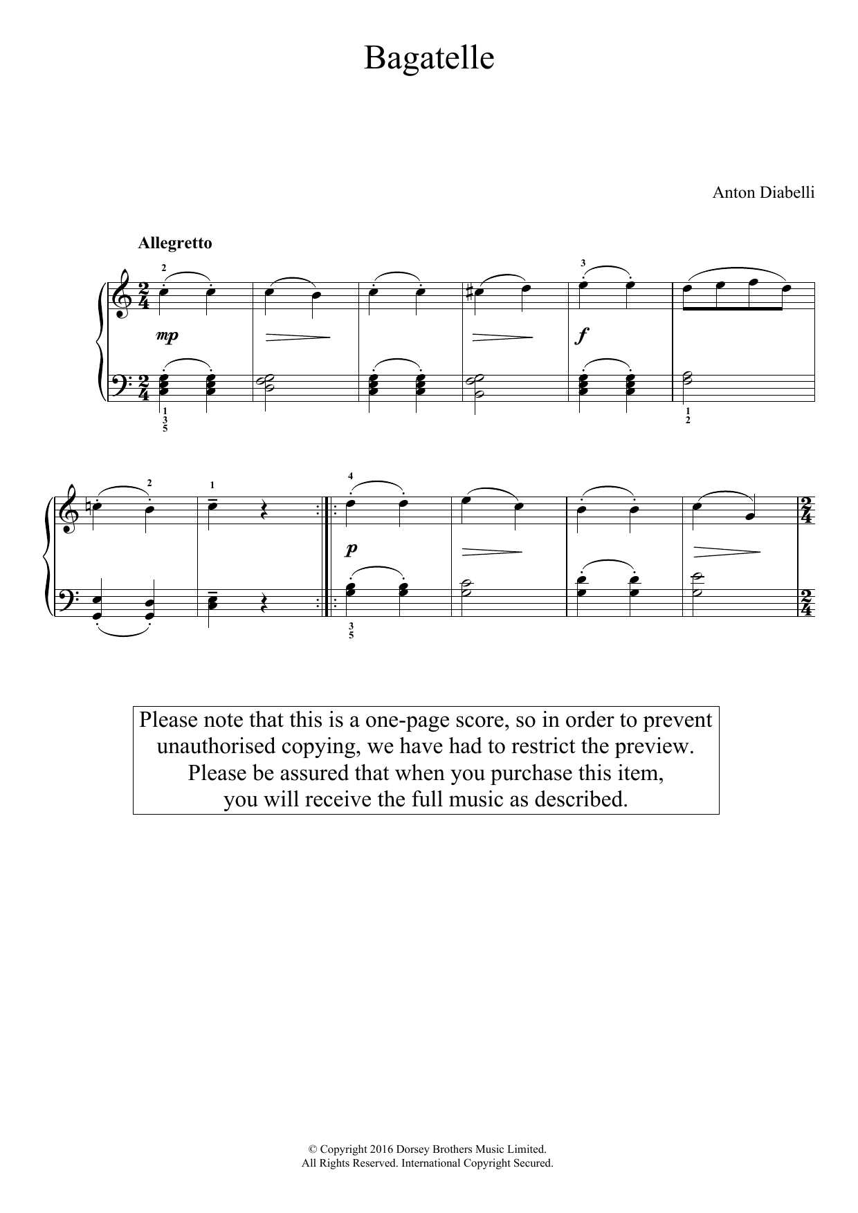 Anton Diabelli Bagatelle Sheet Music Notes & Chords for Easy Piano - Download or Print PDF