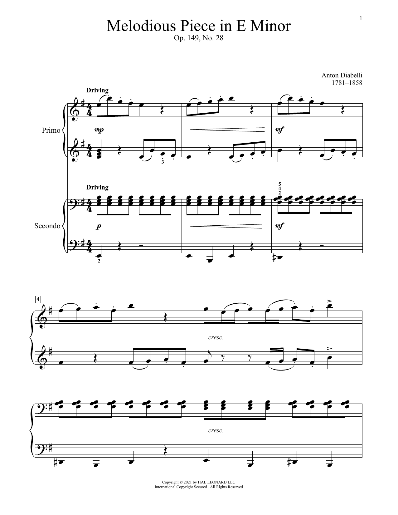 Anton Diabelli Melodious Piece In E Minor, Op. 149, No. 28 Sheet Music Notes & Chords for Piano Duet - Download or Print PDF