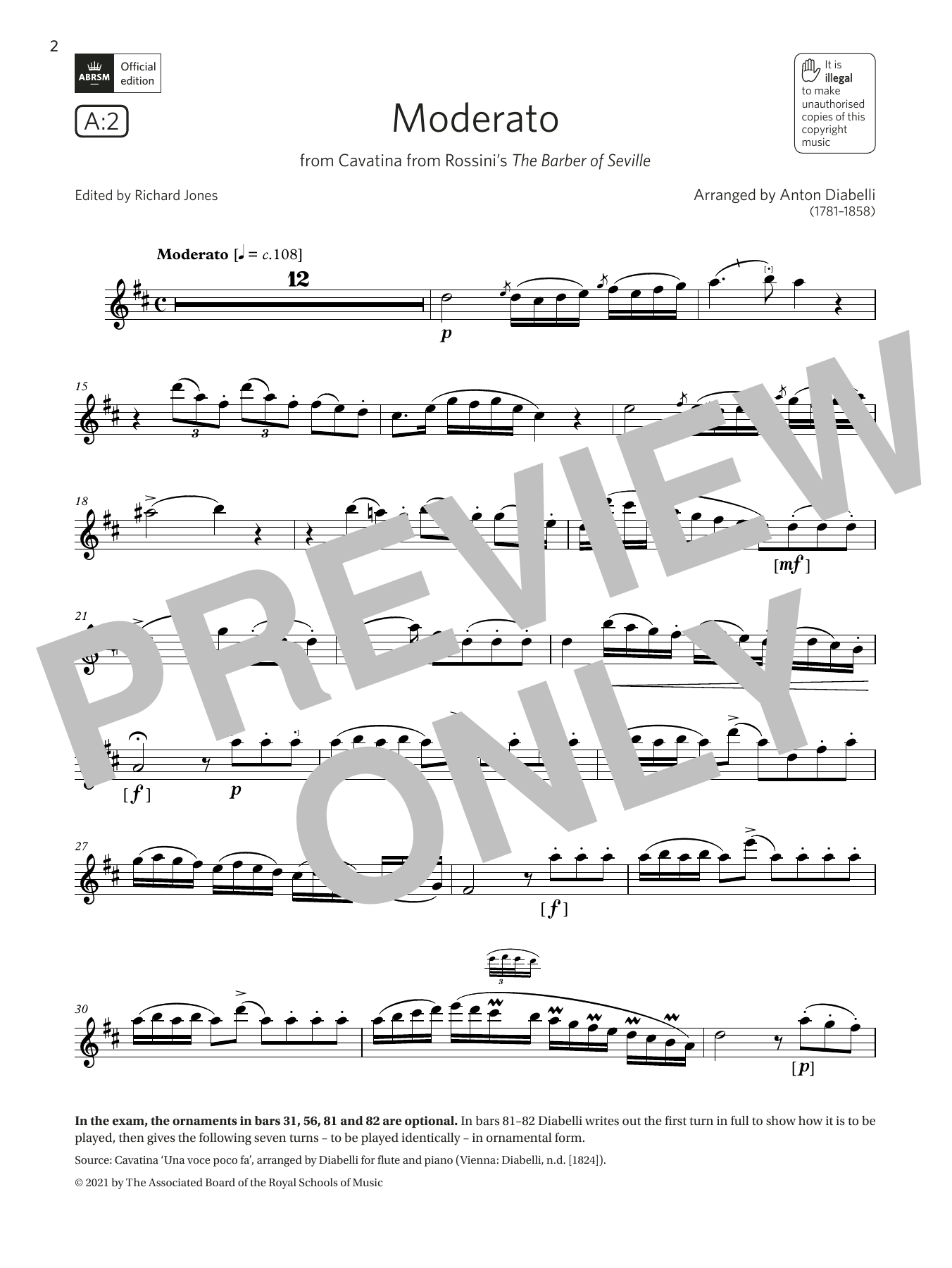 Anton Diabelli Moderato (from Rossini's The Barber of Seville)(Grade 7 A2 from the ABRSM Flute syllabus from 2022) Sheet Music Notes & Chords for Flute Solo - Download or Print PDF