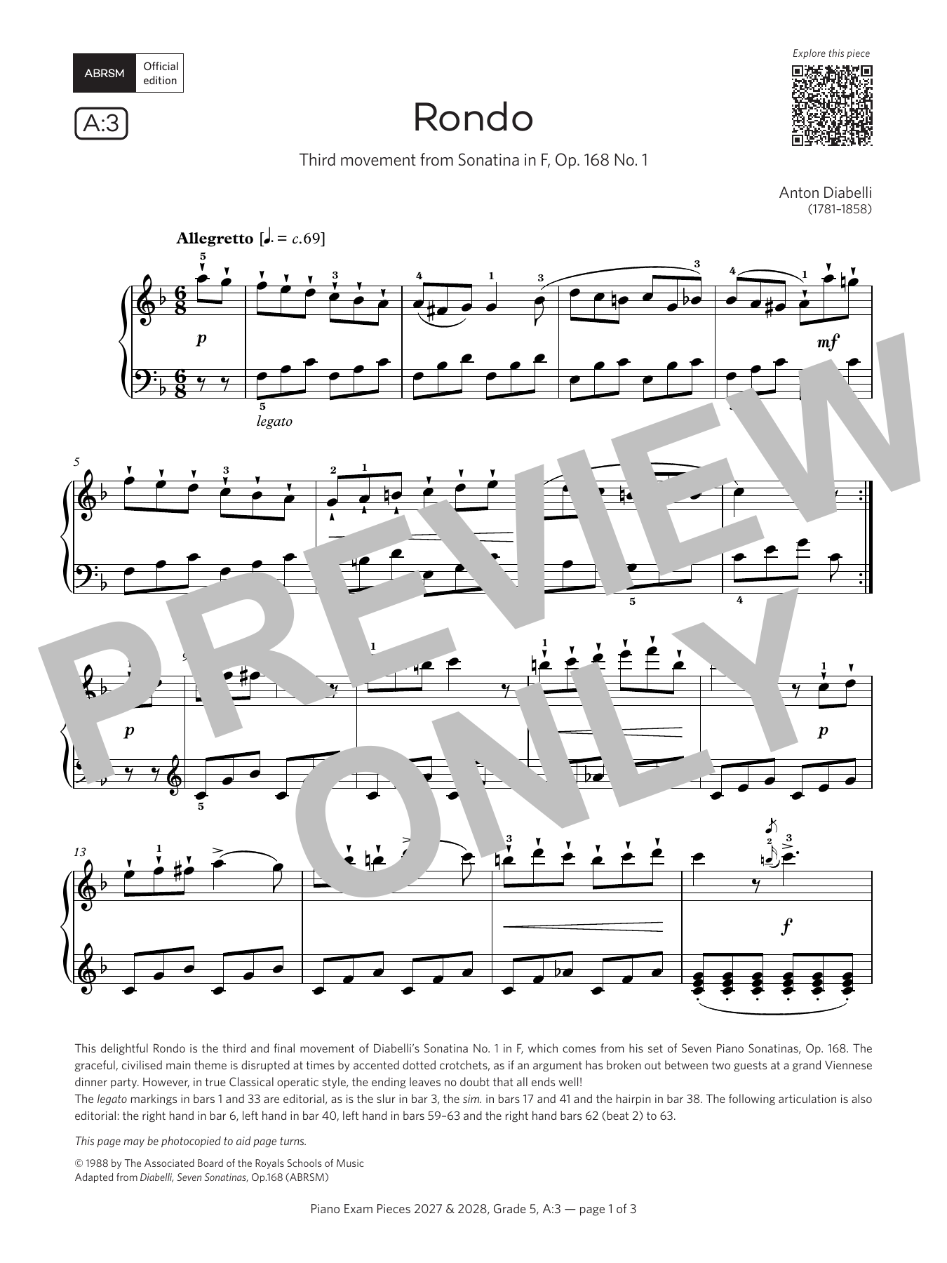 Anton Diabelli Rondo (Grade 5, list A3, from the ABRSM Piano Syllabus 2027 & 2028) Sheet Music Notes & Chords for Piano Solo - Download or Print PDF